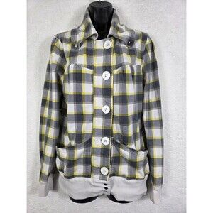 Wet Seal Flannel Shacket Womens L Gray‎ Yellow Plaid Button Front Pockets Casual